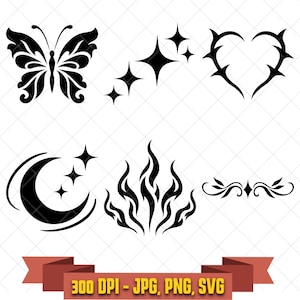 Ornamental Motif SVG Bundle, 6 Butterfly Sparkle Heart and Crescent Designs, PNG JPG