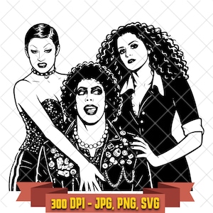 Black and white Rocky Horror group SVG showing Frank N Furter posed between Magenta and Columbia.