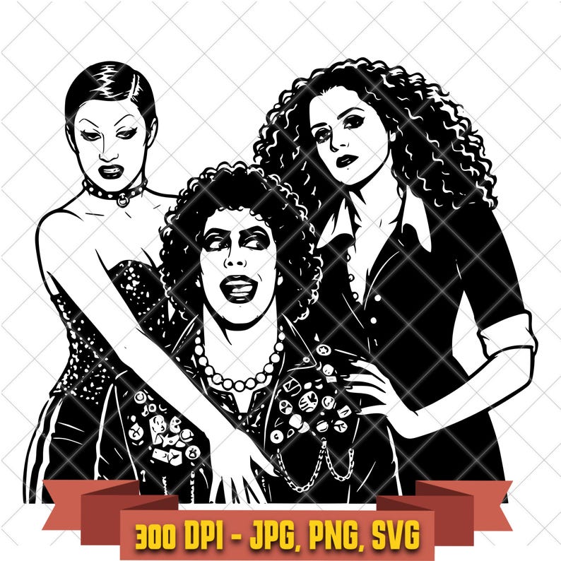 Black and white Rocky Horror group SVG showing Frank N Furter posed between Magenta and Columbia.