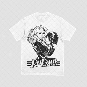 May include: A white short-sleeve t-shirt featuring a black graphic print of a person with long hair holding a racing helmet. The design includes checkered flag patterns on the sleeves and the text RuPaul's DRAG RACE printed in a bold font. This image is part of the RuPaul Drag Race Clipart Bundle, Queen of Drag SVG PNG JPG digital download.