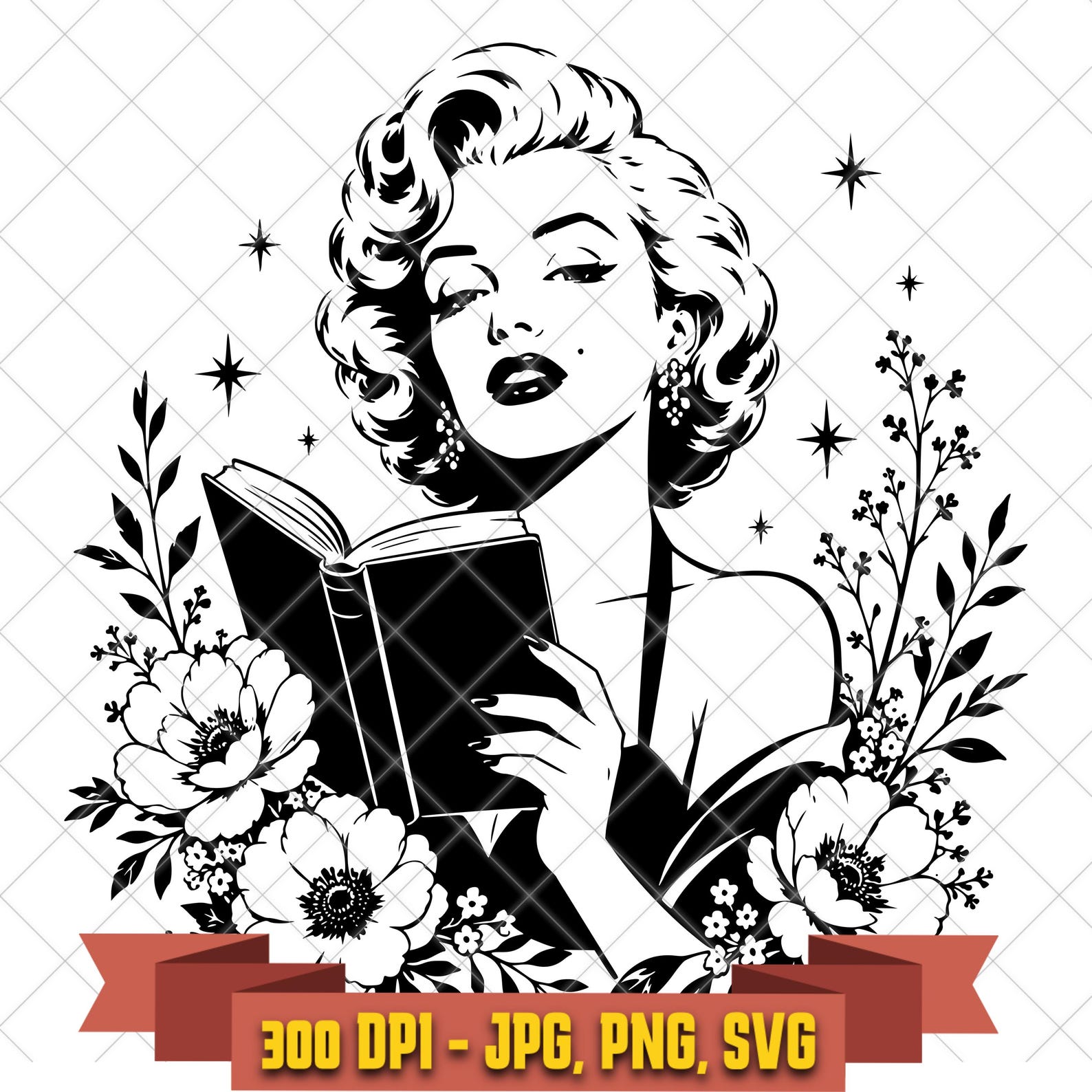 Marilyn Monroe Reading SVG, Floral Book Lover PNG, Hollywood Glamour Cricut File in the Marilyn Monroe collection by KleanKutChaos.