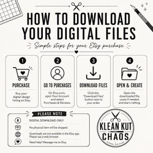 Klean Kut Chaos digital download guide explaining how Etsy buyers purchase, access, download and open their files.