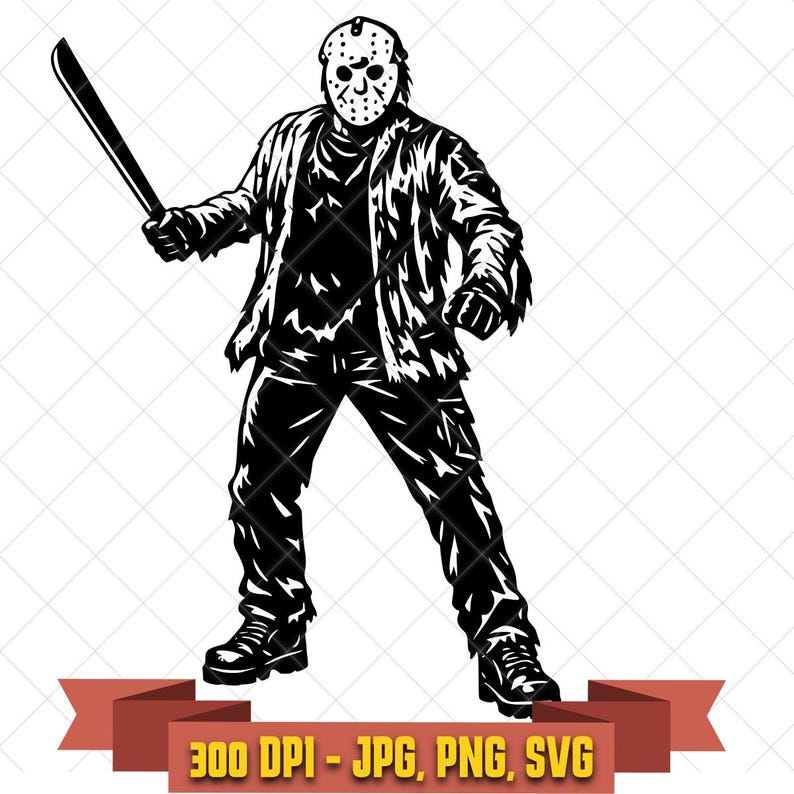 Hockey-mask slasher holding a machete in black-and-white line art