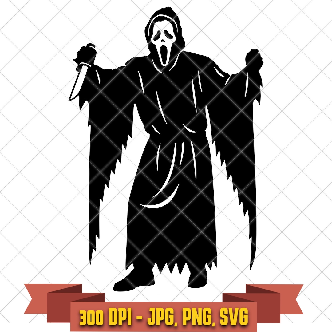 Black hooded masked horror killer silhouette with a knife shown as a digital cut-file design