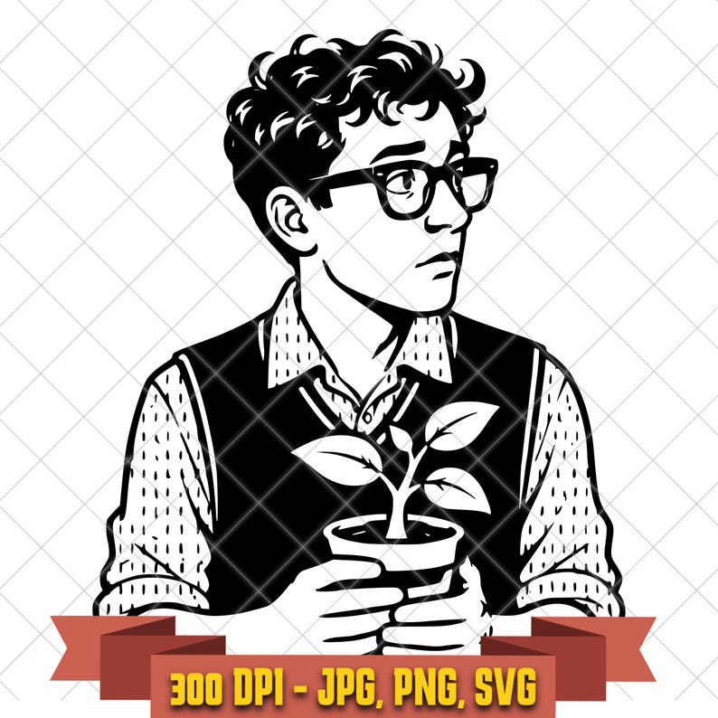 Black-and-white Seymour Krelborn character cut file showing a bespectacled floral assistant holding a potted seedling