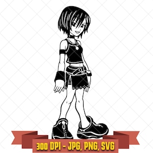 May include: A black and white digital illustration of a stylized character with short hair, wearing a sleeveless top, a skirt with a scalloped hem, wrist cuffs, and oversized shoes. The character stands in a forward-facing pose with a slight smile.