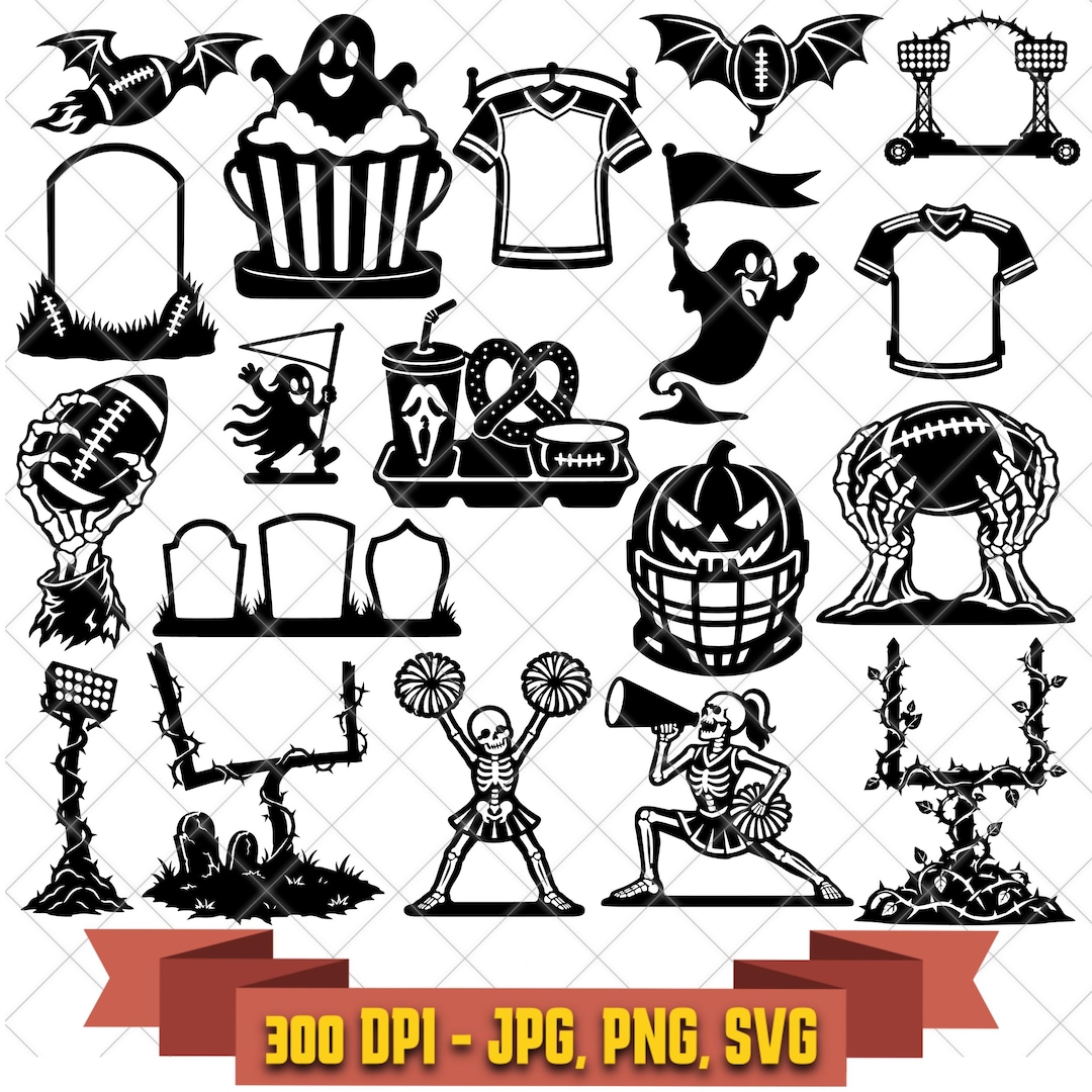 Spooky football Halloween digital-design bundle with ghosts, bats, skeletons, footballs, and tailgate motifs