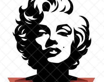 Könnte beinhalten: Eine kontrastreiche schwarz-weiße grafische Illustration einer Frau mit welligem Haar und einem Schönheitsfleck. Unter dem Porträt befindet sich ein rotes Banner mit dem gelben Text 300 DPI - PNG, JPEG, SVG, der die verfügbaren Dateiformate angibt.