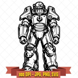 May include: Black and white illustration of a futuristic armored figure. The figure is wearing a helmet and body armour with intricate mechanical details. The image includes the text "300 DPI - JPG, PNG, SVG" on a banner.