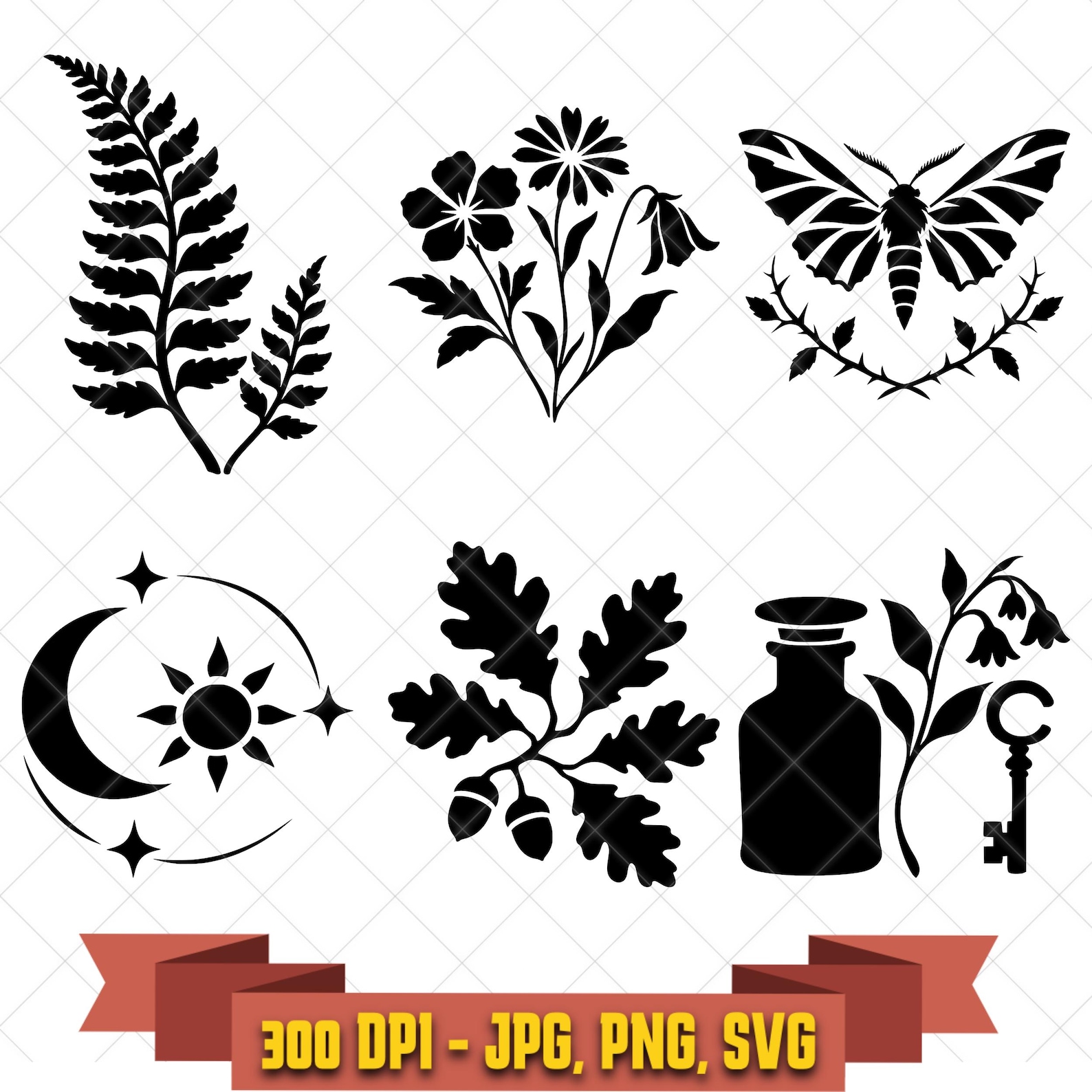 Sun Print Inspired SVG Bundle, 6 Botanical Moth and Celestial Motif Designs, PNG JPG in the Decorative Elements collection by KleanKutChaos.