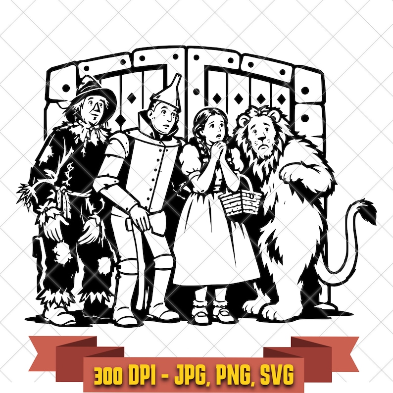 Black-and-white Wizard of Oz characters SVG with Dorothy, Scarecrow, Tin Man and Cowardly Lion posed together in a decorative scene