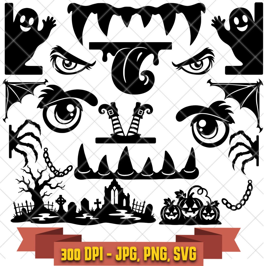 Trunk-or-treat Halloween digital-design bundle with monster eyes, fangs, ghosts, bats, wings, stars, and decorative parts
