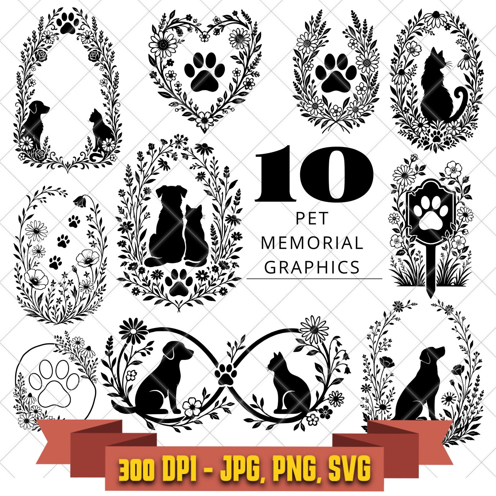 Pet Memorial Graphics Bundle, Dog Cat Floral Frames, Paw Print Designs in the Decorative Elements collection by KleanKutChaos.