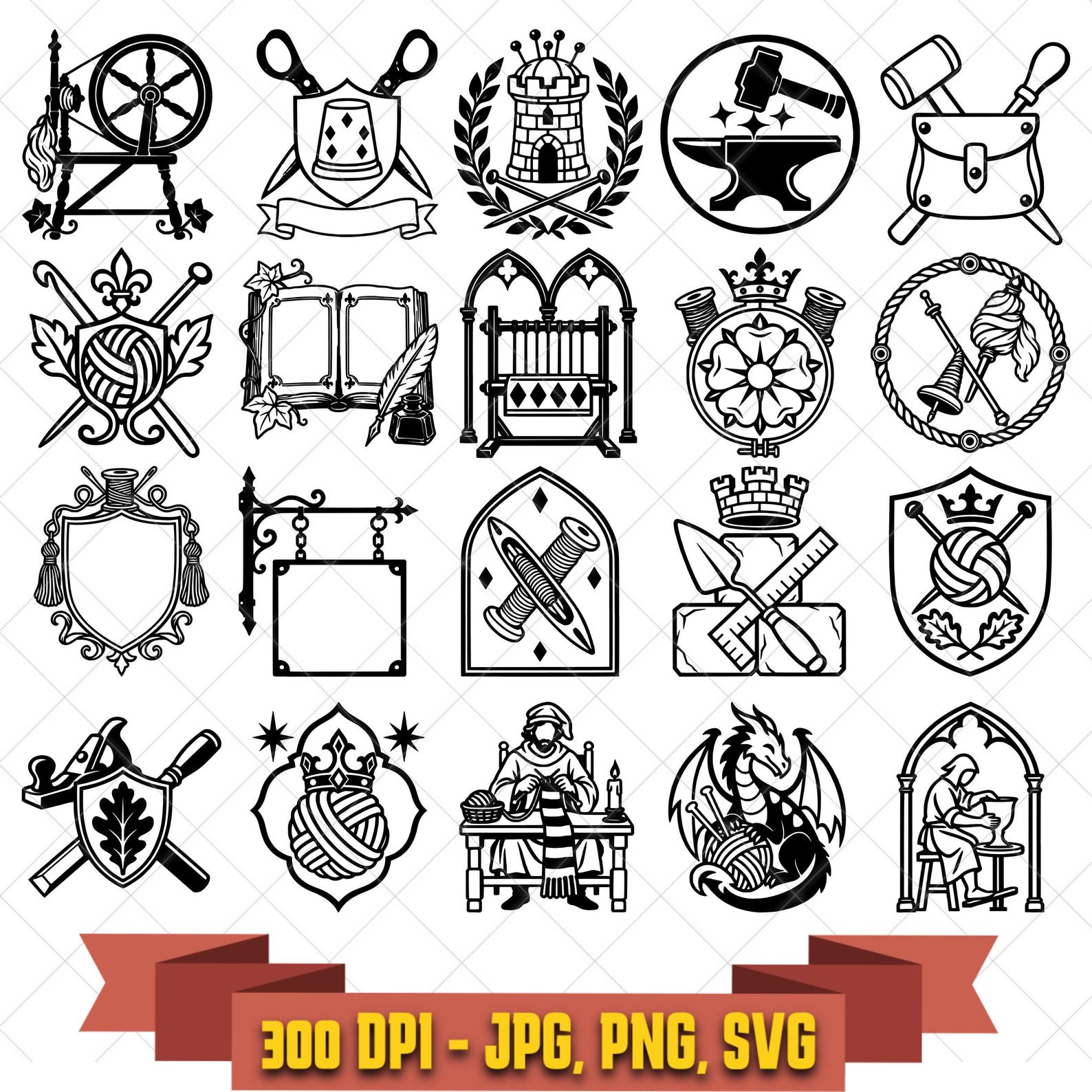 Medieval Craft Guild SVG Bundle, 20 Heraldic Emblems and Artisan Designs, PNG JPG in the Decorative Elements collection by KleanKutChaos.