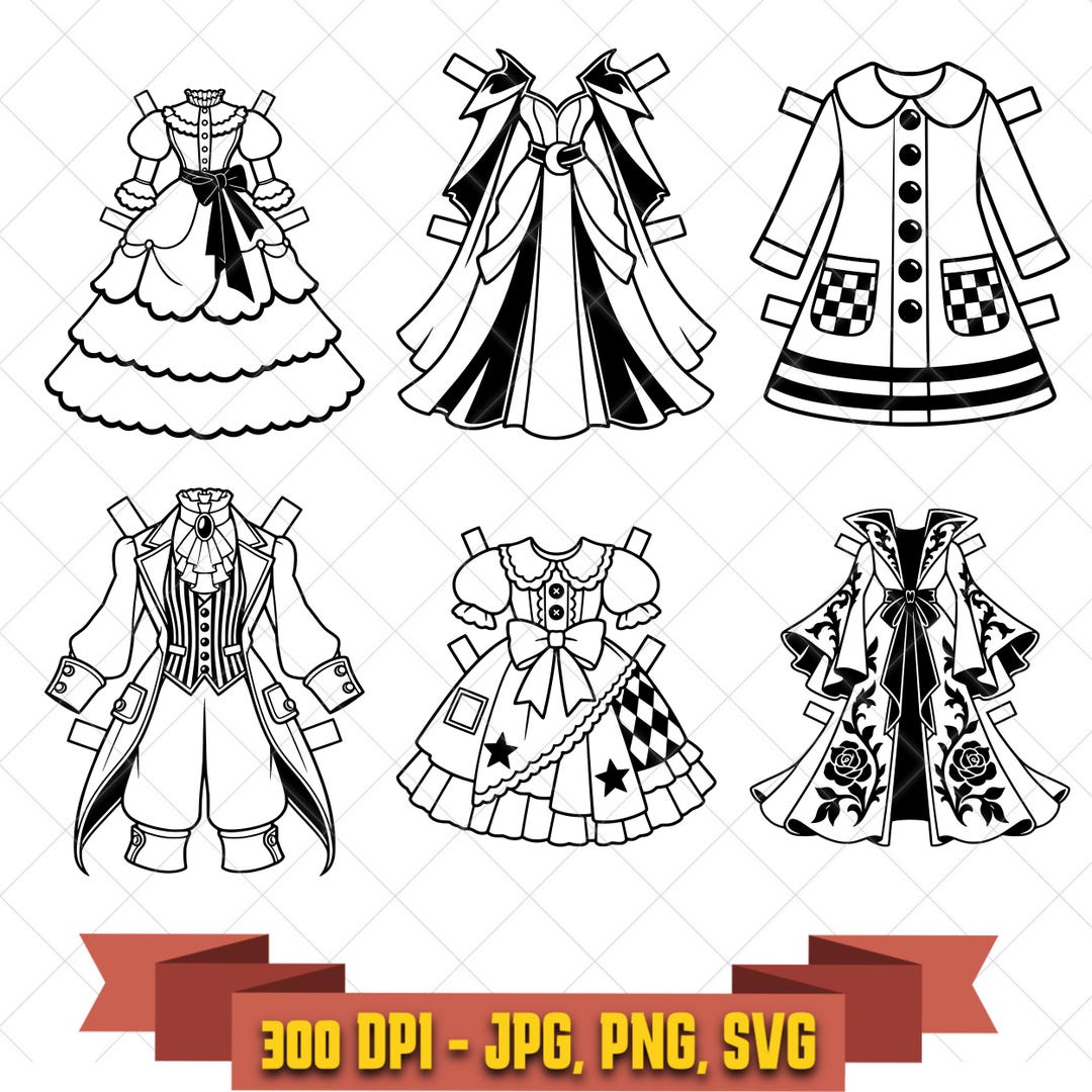 Paper doll fashion digital-design bundle with six gothic Victorian and mod outfit illustrations