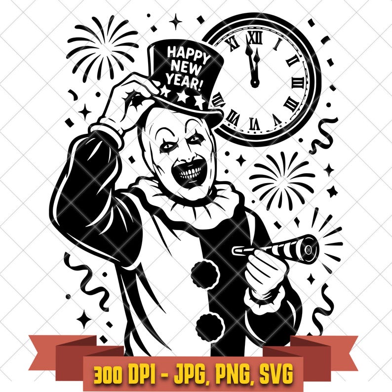 Creepy horror clown with a New Year party horn