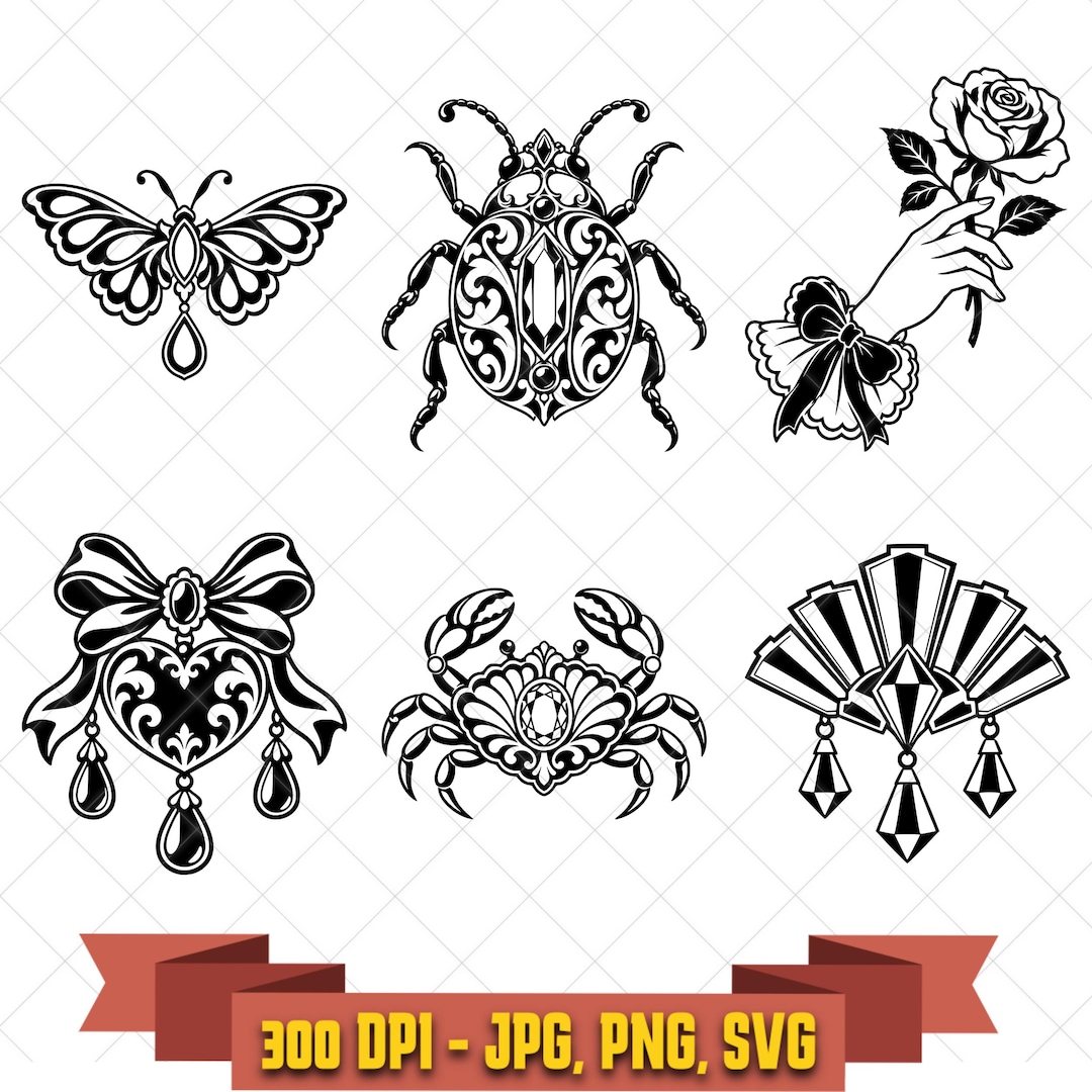 Heirloom brooch digital-design bundle with moth, beetle, heart, and decorative pin motifs