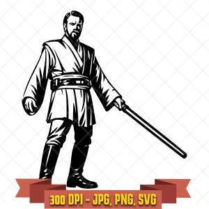 Black and white stylized graphic of Obi-Wan Kenobi standing in Jedi robes with a lowered lightsaber, featuring bold silhouette details and clean cut-file styling for digital crafting and vinyl use.