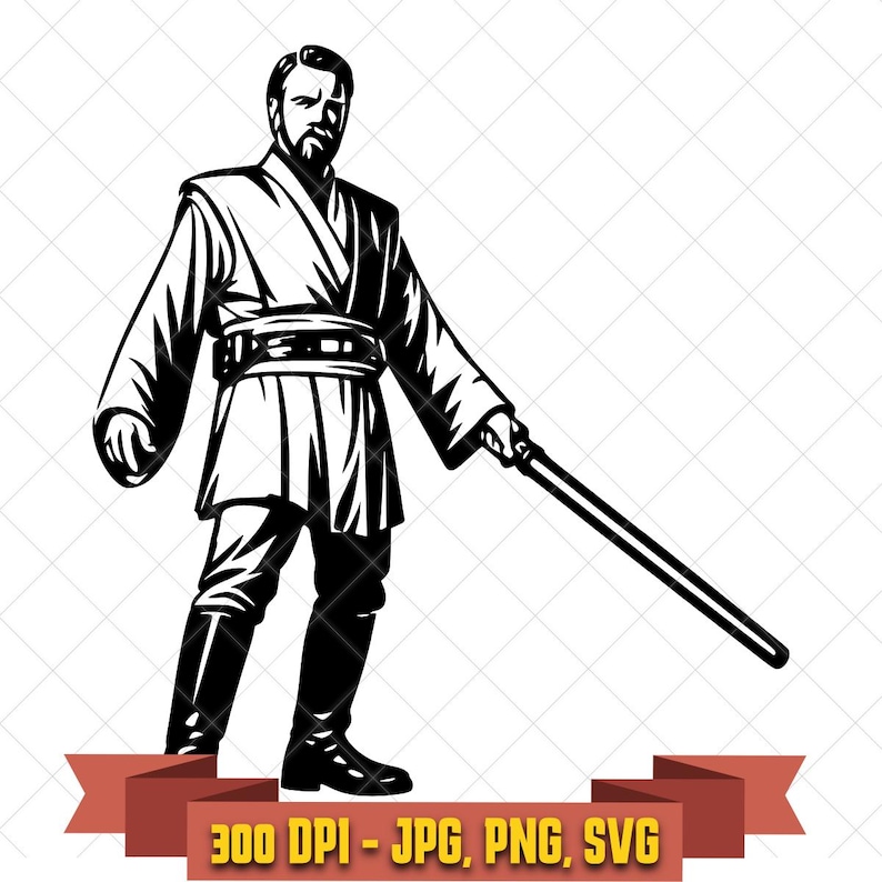 Black and white stylized graphic of Obi-Wan Kenobi standing in Jedi robes with a lowered lightsaber, featuring bold silhouette details and clean cut-file styling for digital crafting and vinyl use.