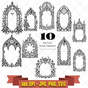 10 gotiska rosramar SVG-paket, katedralbåge, viktoriansk blommig PNG (digital nedladdning)