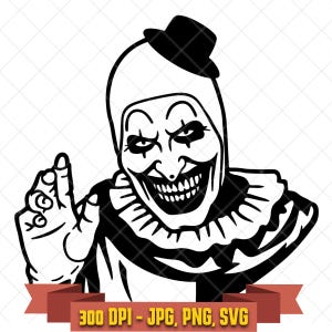Art the Clown SVG, creepy horror clown smiling with clawed hand raised black and white Terrifier clipart for Cricut and Halloween crafts