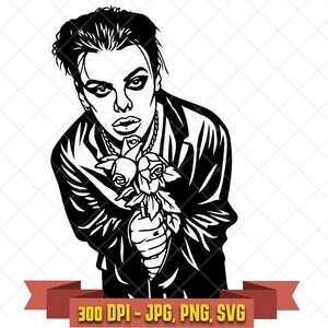 Yungblud SVG, black and white pop punk singer illustration holding roses clipart for Cricut and music fan crafts