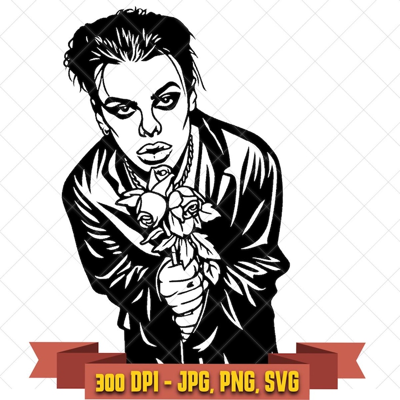 Yungblud SVG, black and white pop punk singer illustration holding roses clipart for Cricut and music fan crafts