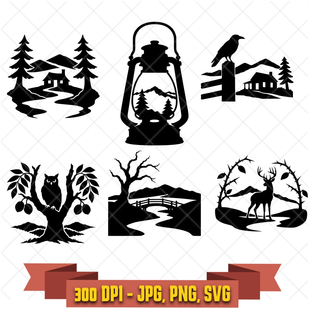 Haunted countryside digital-design bundle with cabins, bridges, woodland scenery, and spooky rural artwork
