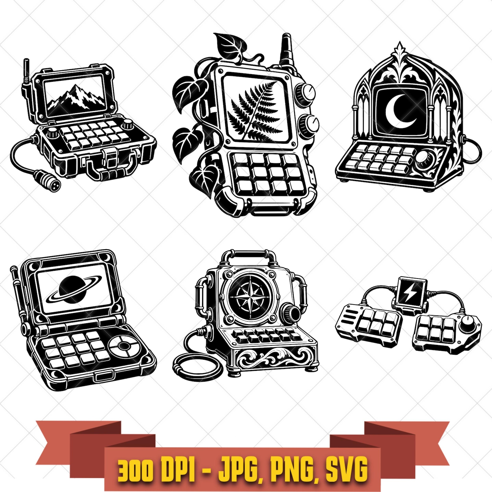Handmade Tech SVG Bundle, 6 Cyberdeck Inspired Designs, Handmade Technology Illustrations, PNG JPG in the Decorative Elements collection by KleanKutChaos.