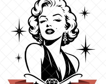 May include: A black and white graphic illustration of a woman with wavy hair, wearing dangling earrings and a sleeveless top. The design features four-pointed star accents and a diamond shape at the bottom. Text at the base reads 300 DPI - JPG, PNG, SVG.