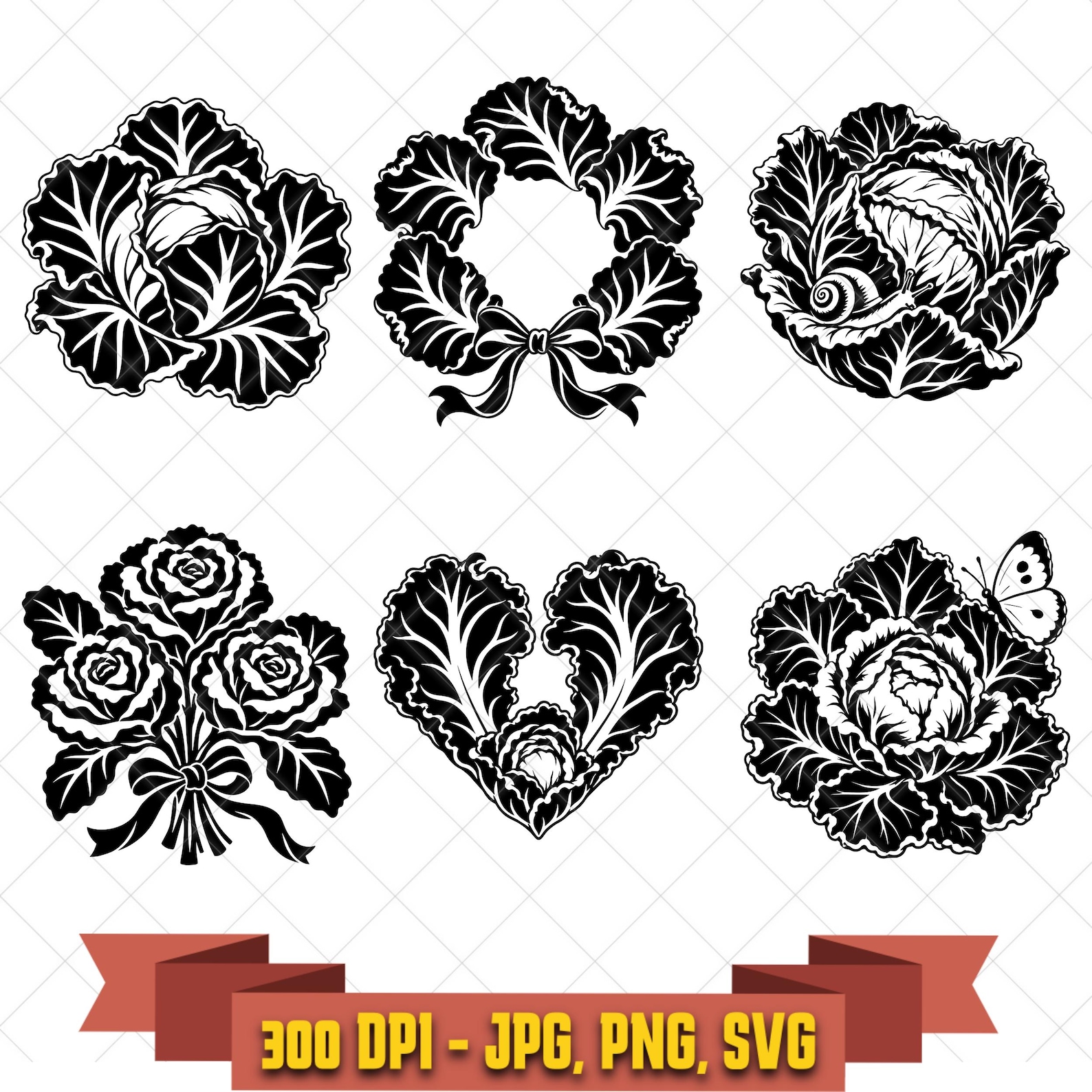 Cabbagecore SVG Bundle, 6 Cabbage Wreath Snail Heart and Butterfly Designs, PNG JPG in the Decorative Elements collection by KleanKutChaos.