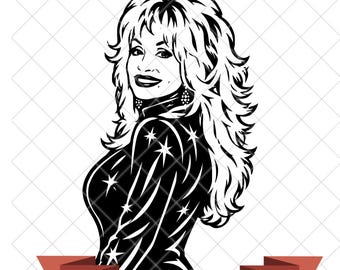 May include: A black and white digital illustration of a person with voluminous, layered hair wearing a star-patterned top. Below the figure, a red banner displays the text 300 DPI - JPG, PNG, SVG in yellow, indicating the available file formats.
