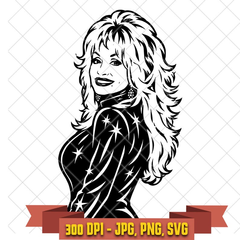 Black and white Dolly Parton side portrait SVG showing long layered hair, a smiling profile and sparkling star-patterned stage top.