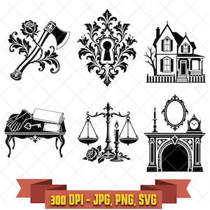 Victorian Mystery SVG Bundle, 6 Keyhole House and Candle Designs, Gothic Suspense Art, PNG JPG