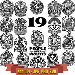 May include: A collection of 19 black and white graphic designs featuring political and social themes, including symbols like donkeys, globes, hearts, and tools, with text such as Strong Unions, Climate Action Now, and People Over Profits.
