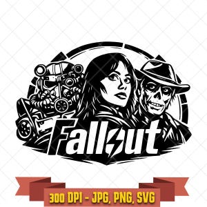 May include: A monochrome graphic featuring characters from the Fallout video game series. The design includes a power armor helmet, a woman, and a ghoul, with the word "Fallout" in a stylized font. A banner at the bottom reads "300 DPI - JPG, PNG, SVG."