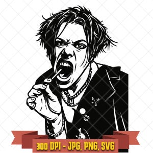 May include: A black and white graphic illustration of a person with messy hair, wearing a jacket with pins and a chain necklace. The person has an open mouth and is holding a thin object near their lips. The design is isolated on a white background.