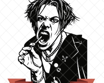 May include: A black and white graphic illustration of a person with messy hair, wearing a jacket with pins and a chain necklace. The person has an open mouth and is holding a thin object near their lips. The design is isolated on a white background.