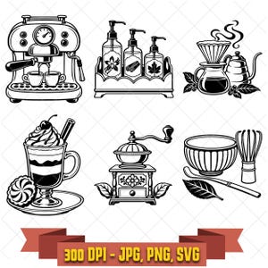 May include: A collection of black and white illustrations featuring a coffee machine, three pump bottles in a tray, a pour-over coffee set, a layered drink with whipped cream, a manual coffee grinder, and a bowl with a whisk. Text reads 300 DPI - JPG, PNG, SVG.