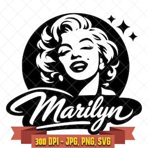 May include: A black and white graphic illustration featuring a stylized portrait of a woman with wavy hair, set against a circular background with star accents. The script text Marilyn is displayed prominently below, with a red banner at the bottom.