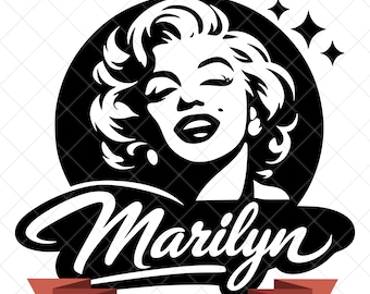 Könnte beinhalten: Eine schwarz-weiße grafische Illustration mit einem stilisierten Porträt einer Frau mit welligem Haar vor einem kreisförmigen Hintergrund mit Sternakzenten. Der Schriftzug Marilyn ist darunter platziert, mit einem roten Banner am unteren Rand.
