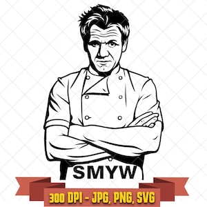 Pode incluir: Ilustração a preto e branco de um chef com os braços cruzados, usando um uniforme branco com gola alta e botões. O texto "SMYW" está abaixo, com uma faixa "300 DPI - JPG, PNG, SVG".