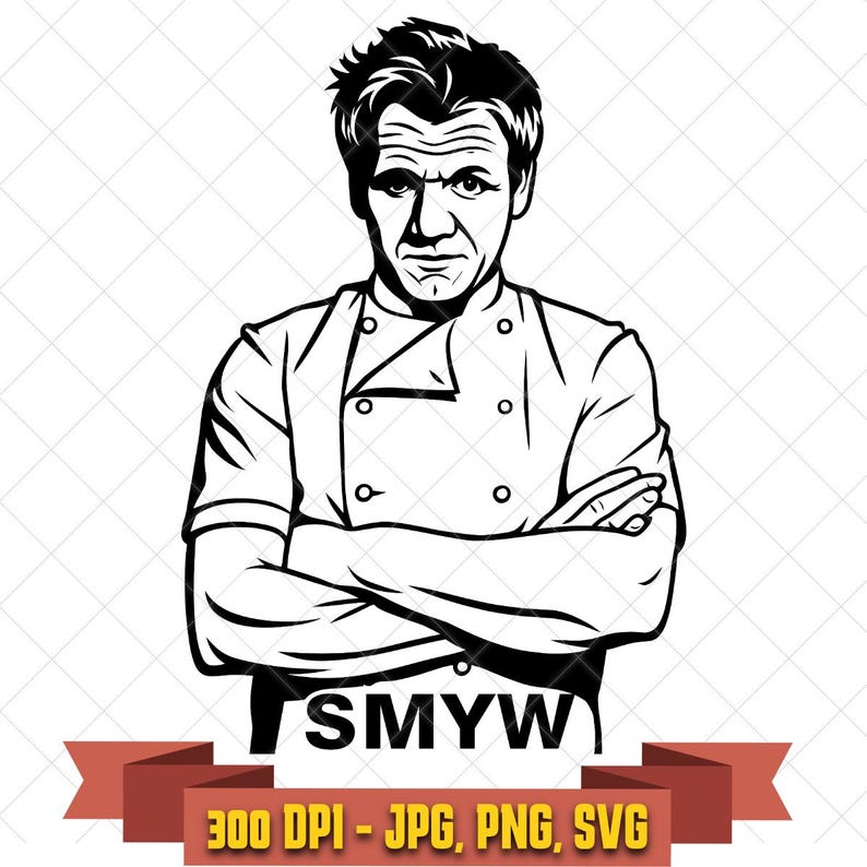 May include: A black and white graphic illustration of a chef with arms crossed, wearing a double-breasted chef coat with visible buttons. The text SMYW is printed below the figure, followed by a banner containing the text 300 DPI - JPG, PNG, SVG. This image is part of the Gordon Ramsay SMYW Chef SVG, Funny Kitchen Meme, Cricut Silhouette digital download.