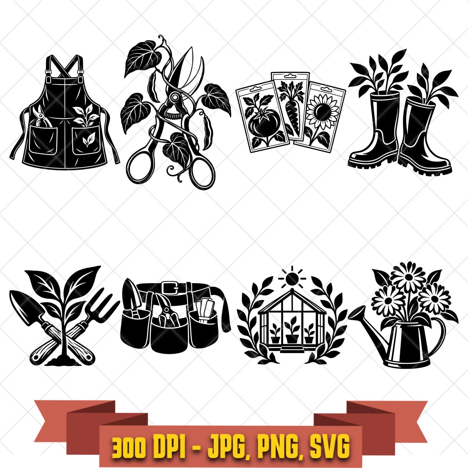 Garden Utility Club SVG Bundle, 8 Garden Tool Apron Boot and Watering Can Designs, PNG JPG in the Decorative Elements collection by KleanKutChaos.