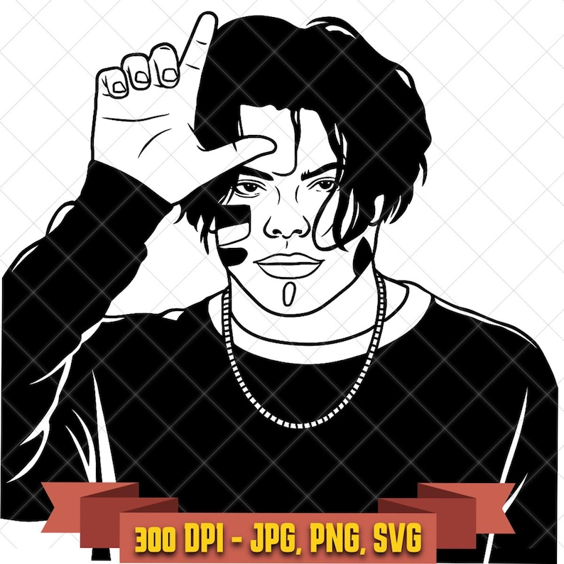 Yungblud SVG, black and white pop punk singer illustration with hand L gesture and necklace clipart for Cricut and music fan crafts