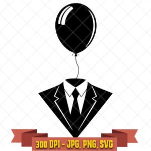 May include: A black and white graphic illustration featuring a suit jacket, collared shirt, and necktie with a black balloon floating above the collar. A red banner at the bottom displays the text 300 DPI - JPG, PNG, SVG in yellow letters.