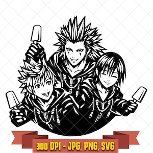 May include: A black and white graphic illustration featuring three anime-style characters with spiky hair wearing hooded jackets, each holding a popsicle. Below the characters, a banner displays the text 300 DPI - JPG, PNG, SVG.