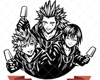 May include: A black and white graphic illustration featuring three anime-style characters with spiky hair wearing hooded jackets, each holding a popsicle. Below the characters, a banner displays the text 300 DPI - JPG, PNG, SVG.