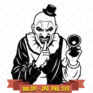 Art the Clown SVG, creepy horror clown holding horn with finger to lips black and white Terrifier clipart for Cricut and Halloween crafts