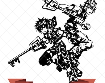 May include: A black and white graphic illustration featuring two stylized characters in dynamic poses, each wielding a large key-shaped sword. Below the figures, a red banner displays the text 300 DPI - JPG, PNG, SVG in yellow lettering.